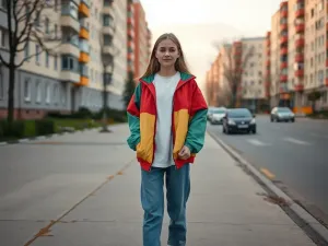 Młoda kobieta w klasycznej polskiej stylizacji lat 90: mom jeans, kolorowa ortalionowa kurtka, białe sneakersy, blokowisko w tle