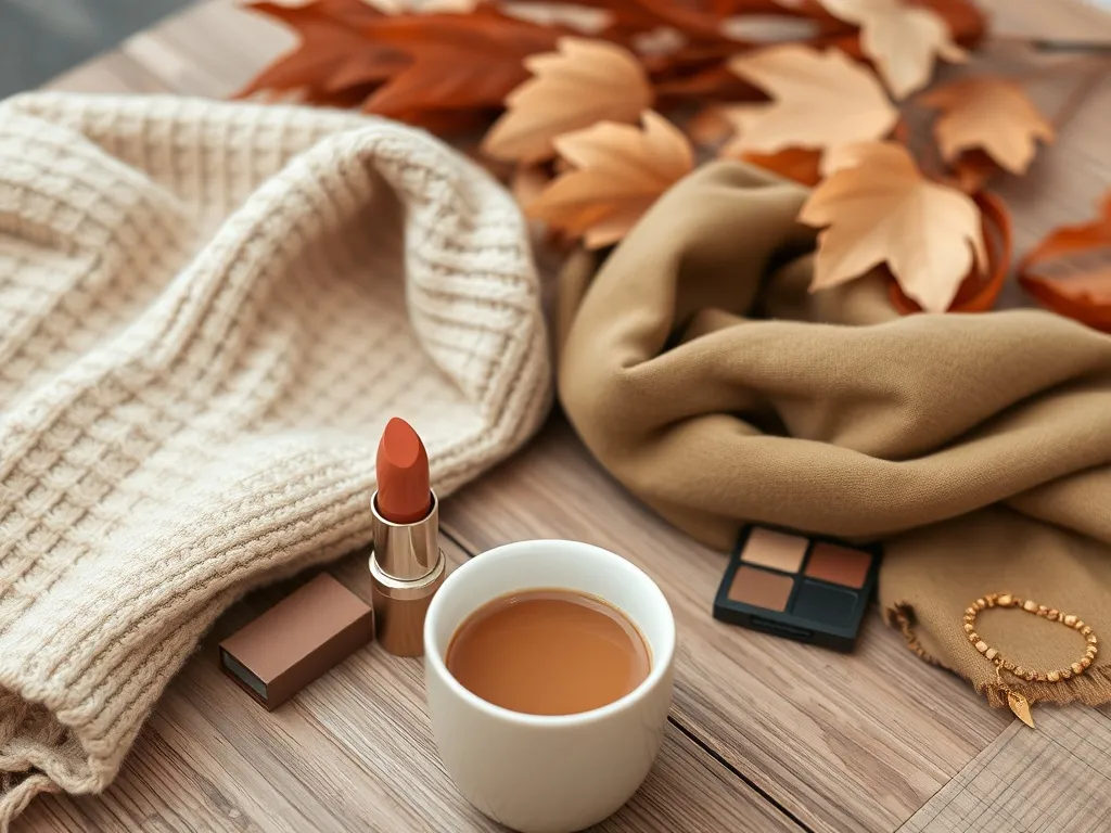 Jesienna stylizacja Soft Autumn: beżowy sweter, oliwkowy szal, terrakotowa pomadka, złota biżuteria i kawa w ciepłych barwach.
