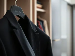 Czarny garnitur na wieszaku z eleganckimi krawatami w bordo, srebrze i granacie, podkreślający wybór dodatków do stylizacji.