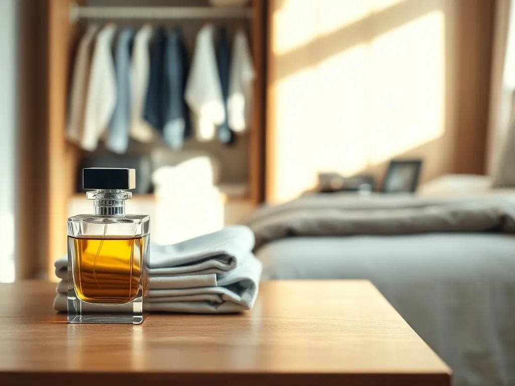 Elegancki flakon perfum Joop przy koszuli na komodzie, w tle nowoczesna garderoba, ciepłe wnętrze i stylowy klimat marki