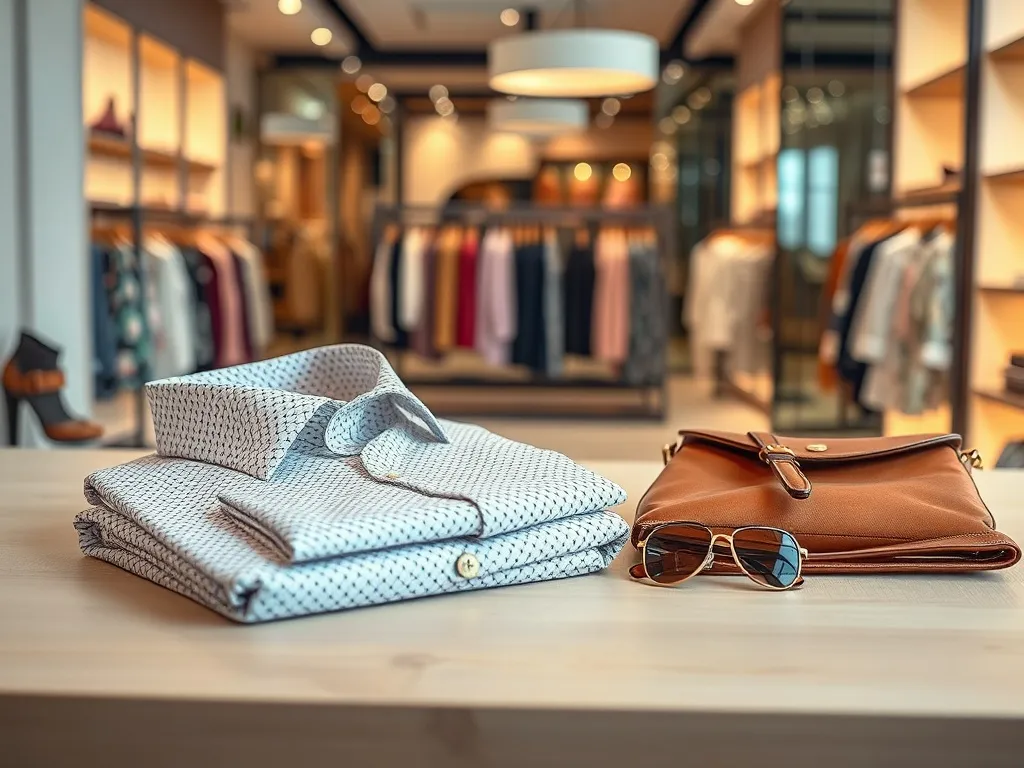 Stylizowana kompozycja ubrań i dodatków Ted Baker na stole, na tle eleganckiego butiku o premium, modowej atmosferze.