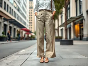 Kobieta w szerokich, eleganckich spodniach na miejskim chodniku, codzienna stylizacja o minimalistycznym, szykownym charakterze.