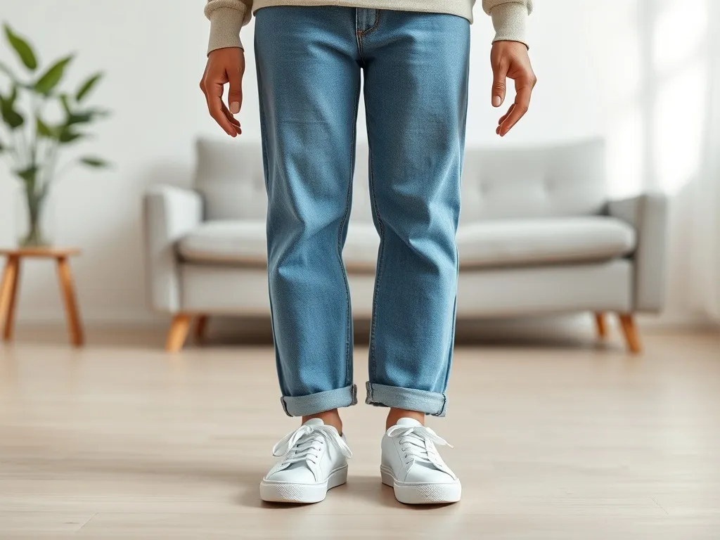 Osoba w klasycznych niebieskich straight jeans i białych sneakersach, w jasnym, minimalistycznym wnętrzu.