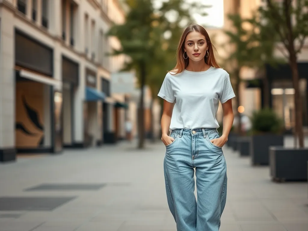 Kobieta w jasnych jeansach balloon i białym T-shircie na miejskim chodniku, prezentuje luźny, nowoczesny fason spodni.