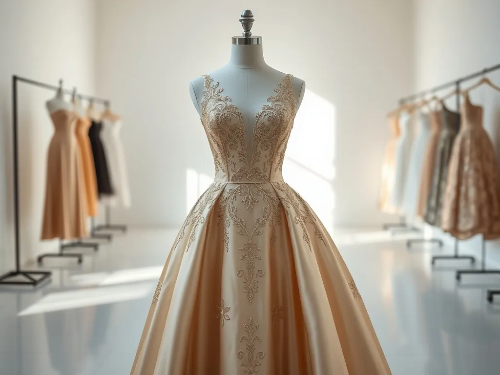 Ekskluzywna suknia haute couture na manekinie w jasnym, minimalistycznym atelier, otoczona innymi kreacjami z wybiegów