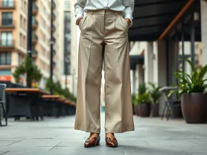 Eleganckie szerokie spodnie w neutralnym kolorze, zestawione ze stylowymi butami, prezentowane w miejskiej, szykownej scenerii