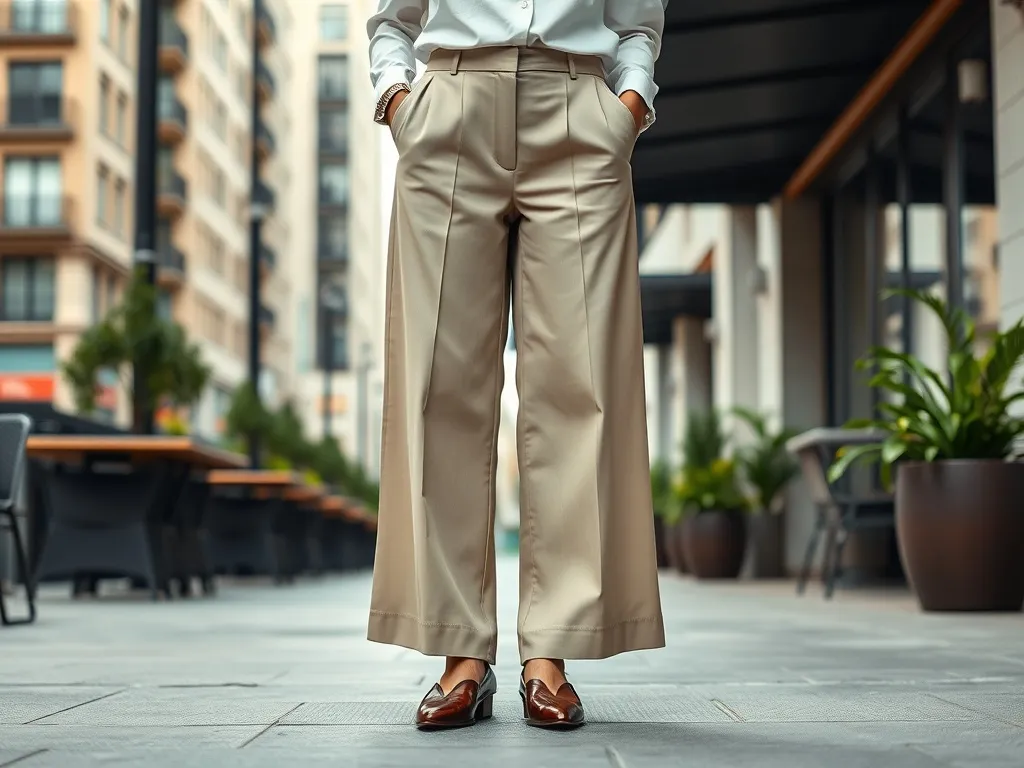 Eleganckie szerokie spodnie w neutralnym kolorze, zestawione ze stylowymi butami, prezentowane w miejskiej, szykownej scenerii
