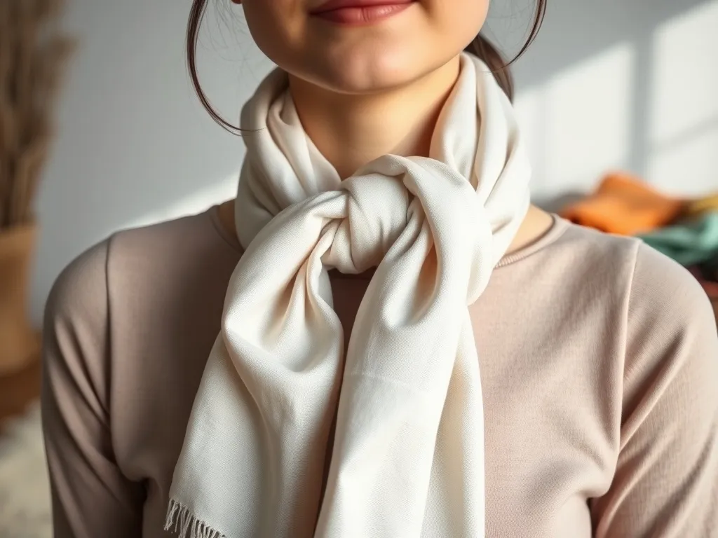 Szykowna chusta zawiązana na szyi kobiety, w tle złożone kolorowe chusty – inspiracja na eleganckie wiązania.