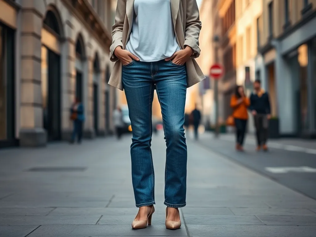 Kobieta w niebieskich jeansach bootcut, białym T-shircie i beżowej marynarce, prezentuje codzienną stylizację miejską.