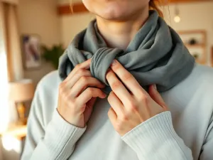 Delikatna, lekka chusta wiązana w prosty supeł na szyi, pokazująca elegancki, krok po kroku sposób noszenia chusty.