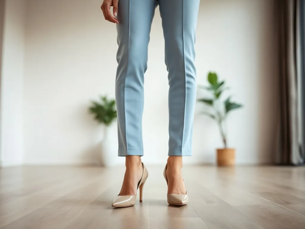 Eleganckie beżowe szpilki do jasnoniebieskiego damskiego garnituru, prezentacja stylowego doboru obuwia do stylizacji