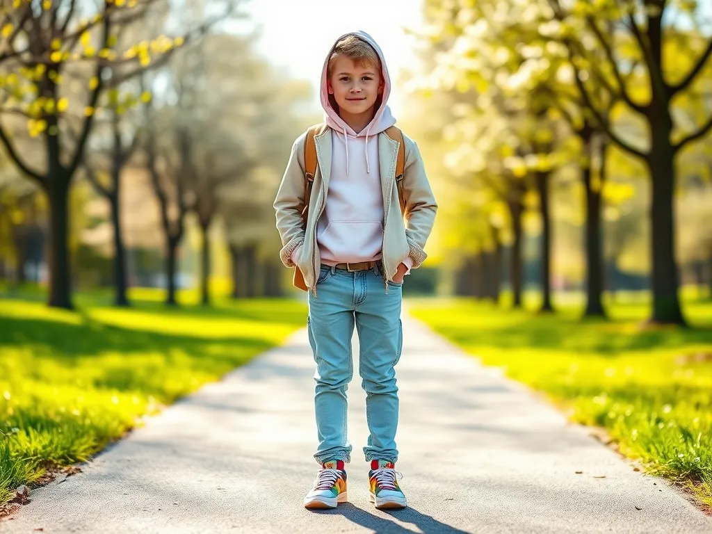 Chłopiec w wiosennej stylizacji: pastelowa bluza, lekka kurtka, jasne dżinsy i kolorowe sneakersy na słonecznej alejce w parku.