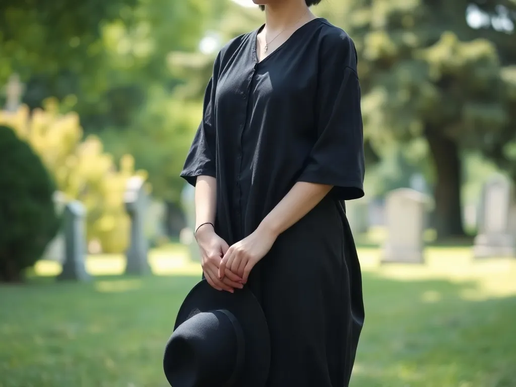Elegancka, skromna czarna letnia stylizacja na pogrzeb w pogodny dzień na cmentarzu