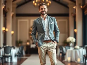 Mężczyzna w smart casual stylizacji ślubnej: marynarka, koszula, chinosy i dodatki, na tle eleganckiej sali weselnej.
