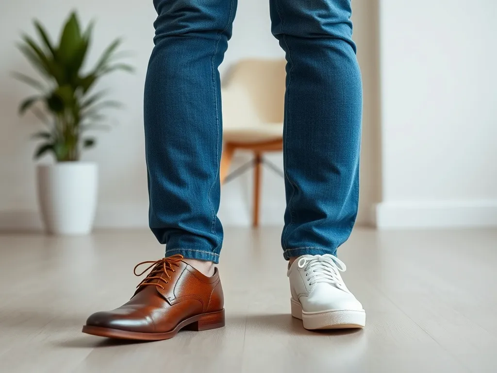 Męskie jeansy zestawione z brązowym derby i białym sneakers’em, ilustrujące wybór butów do pracy i na co dzień.