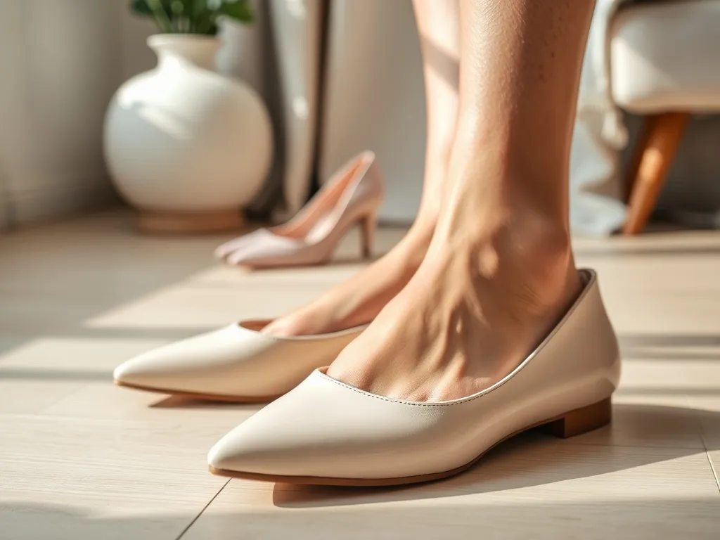 Eleganckie baleriny i niskie obcasy w pastelach jako wygodne buty na przebranie na wesele, w tle rozmyte szpilki.