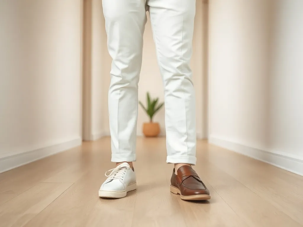 Mężczyzna w białych chinosach prezentuje dwa różne buty: białe sneakersy i brązowe skórzane loafersy na jasnej podłodze