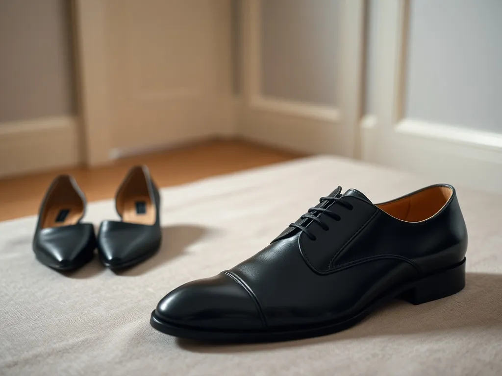 Czarne eleganckie buty męskie i damskie na niskim obcasie, wypolerowane, w stonowanej, żałobnej aranżacji.