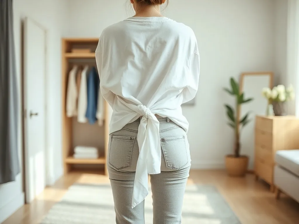 Kobieta w jasnej sypialni wiąże oversize’ową białą koszulę w supeł w talii, tworząc swobodną, codzienną stylizację.