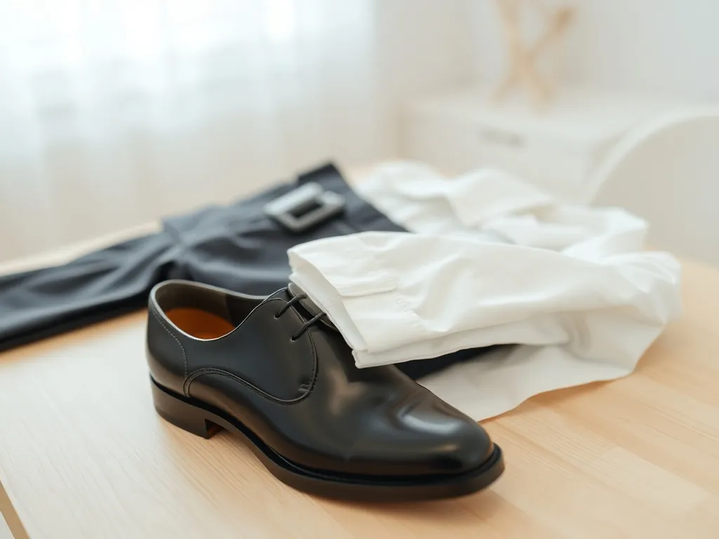 Elegancki strój chłopca na komunię pod albę: biała koszula, ciemne spodnie, pasek i wypastowane buty na stole