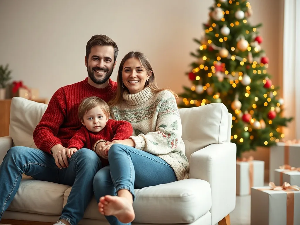 Rodzinna, świąteczna sesja na kanapie w czerwono‑zielonych swetrach, przy choince w ciepłym świetle i przytulnym wnętrzu.
