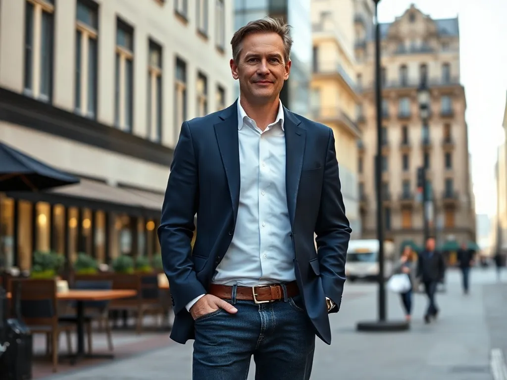 Pewny siebie mężczyzna po 40. w granatowej marynarce i jeansach, przykład ponadczasowego, eleganckiego stylu miejskiego.