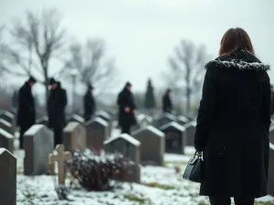 Elegancko ubrana kobieta w czarnym płaszczu na zimowym pogrzebie, wśród śniegu i stonowanych, ciemnych sylwetek żałobników.