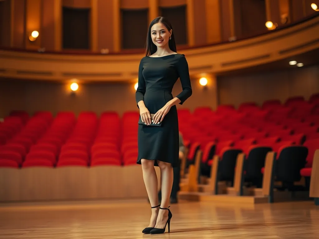 Elegancka kobieta w czarnej sukience i szpilkach w filharmonii, z małą kopertówką i prostą biżuterią, na tle czerwonych foteli.