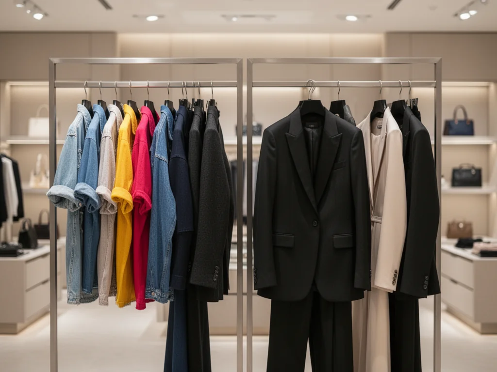 Dwa segmenty w butiku: po lewej casualowe kolorowe ubrania, po prawej eleganckie, minimalistyczne garnitury i sukienki.