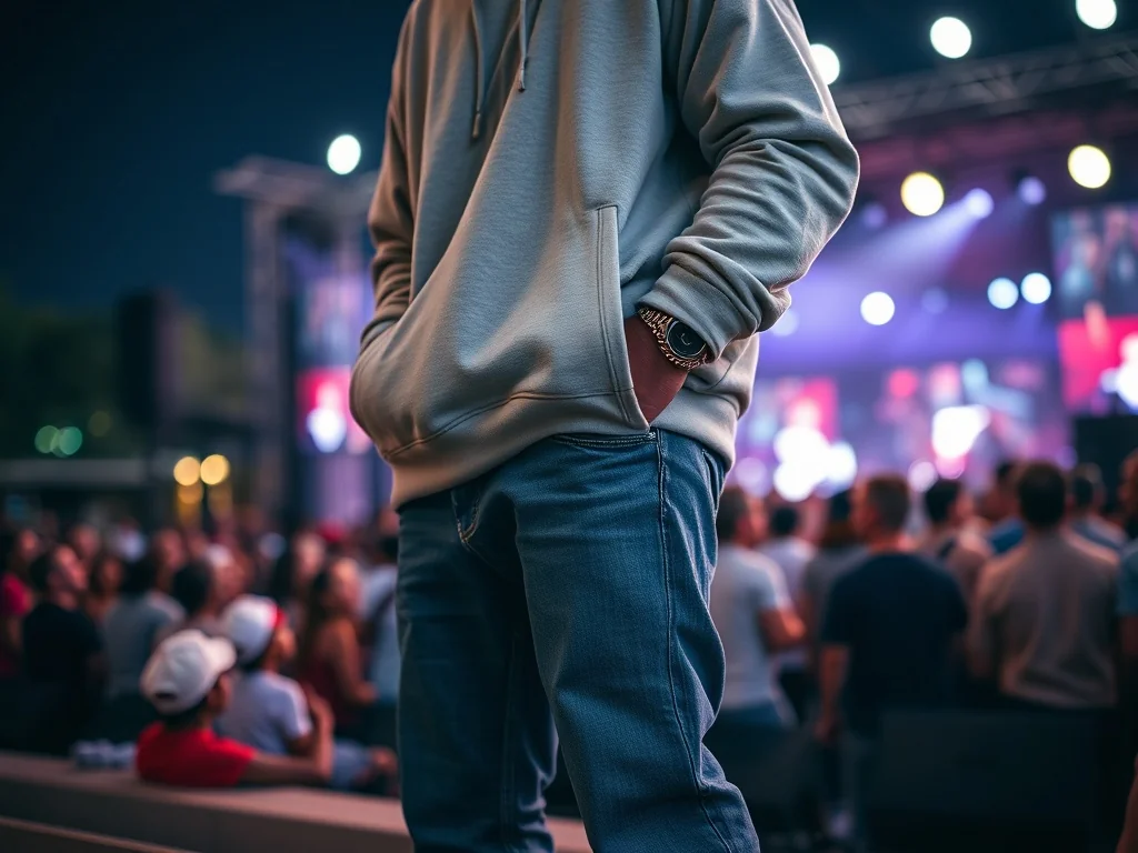 Stylowa osoba w luźnym streetwearze na tle nocnego koncertu hip hopowego, pokazująca wygodny i prosty strój na wydarzenie.