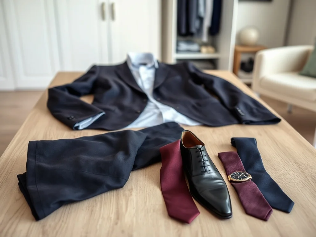 Elegancki męski strój galowy: granatowy garnitur, biała koszula, krawaty i skórzane buty ułożone na drewnianej powierzchni.
