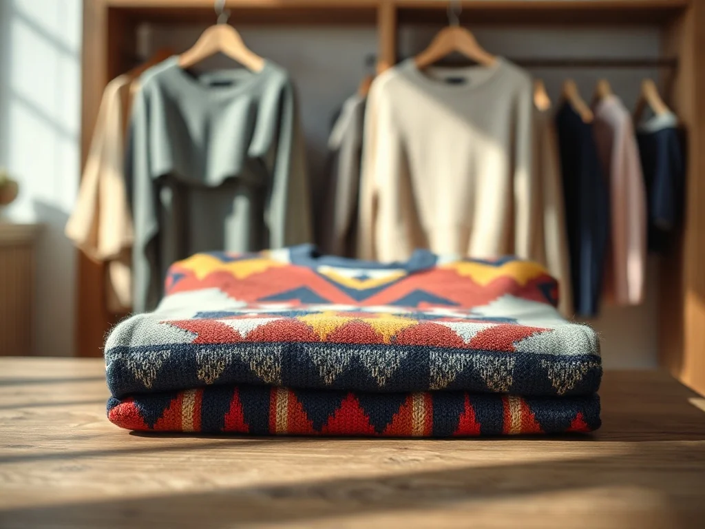 Luksusowy, kolorowy sweter Carlo Colucci z geometrycznym wzorem na drewnianym stole w eleganckim, kameralnym butiku.