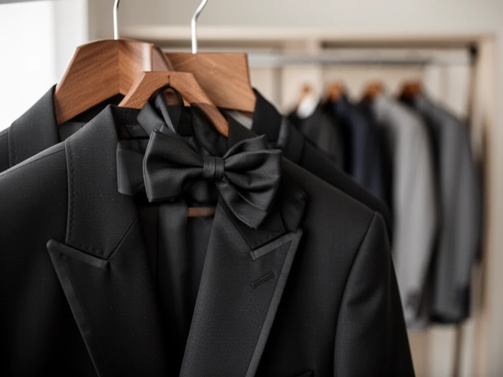 Czarny garnitur na wieszaku z klasyczną muchą, gotowy do eleganckiej stylizacji na formalne wyjście.