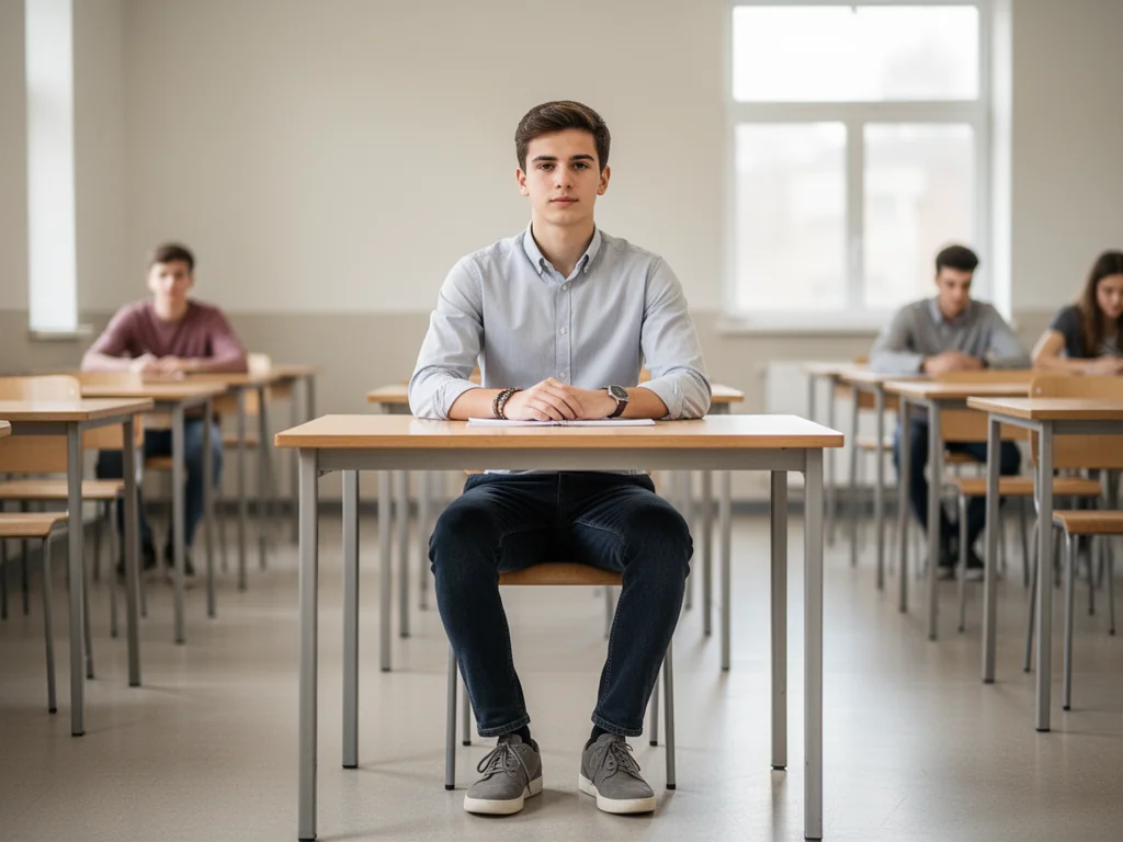 Studentka w smart casual, spokojnie siedzi przy ławce na egzaminie w jasnej sali, gotowa do pisania testu.