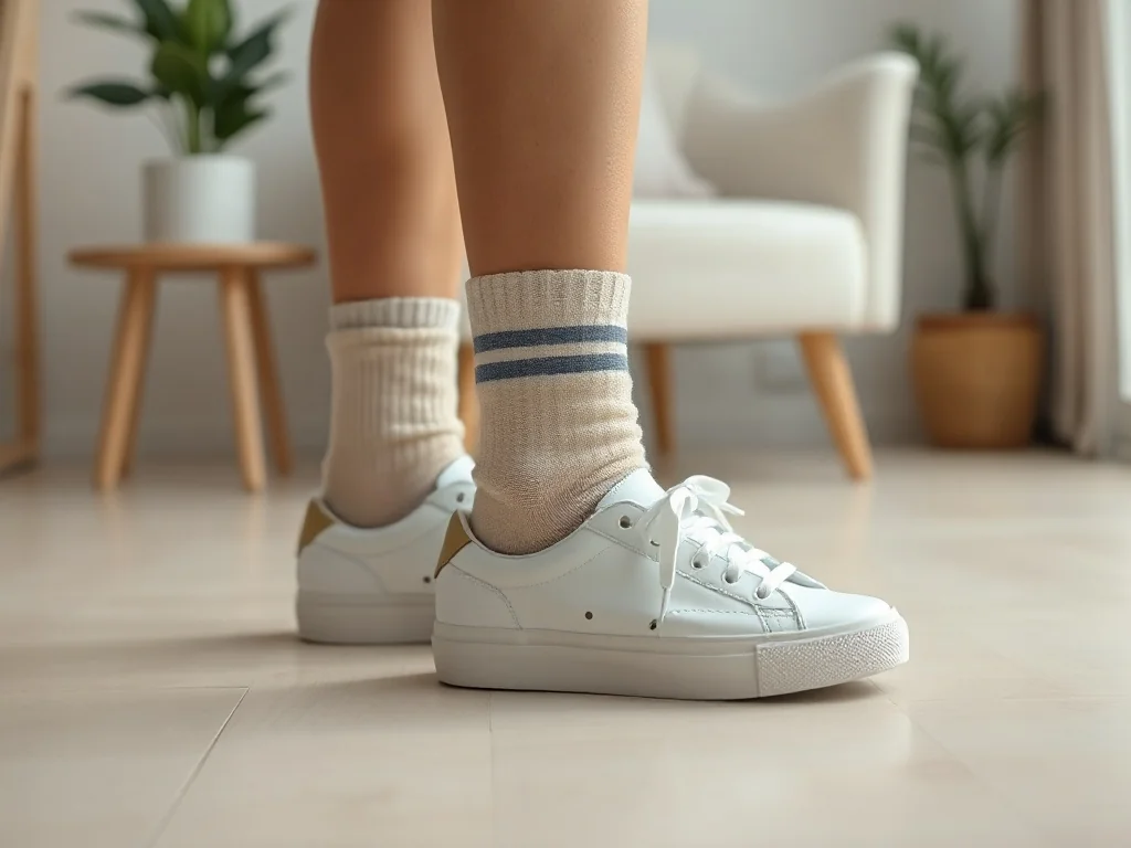 Białe sneakersy zestawione z pastelowymi, stylowymi skarpetkami do kostki w minimalistycznym, codziennym wydaniu.