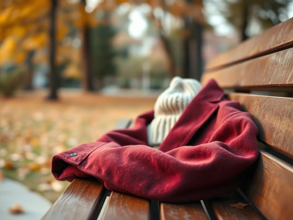 Bordowa kurtka na ławce z dopasowaną czapką w jasnym odcieniu, w tle jesienny park i ciepłe światło.
