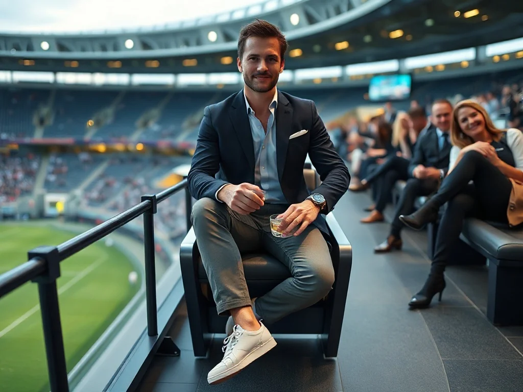 Elegancki kibic w strefie VIP na stadionie, w smart casualu z marynarką, jeansami i sneakersami, trzyma bilet i napój.
