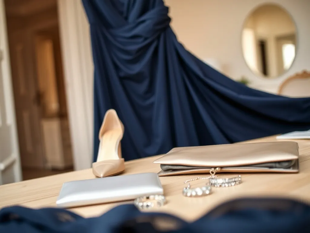 Granatowa sukienka z beżowymi szpilkami, srebrną kopertówką i biżuterią jako elegancki zestaw na wesele.