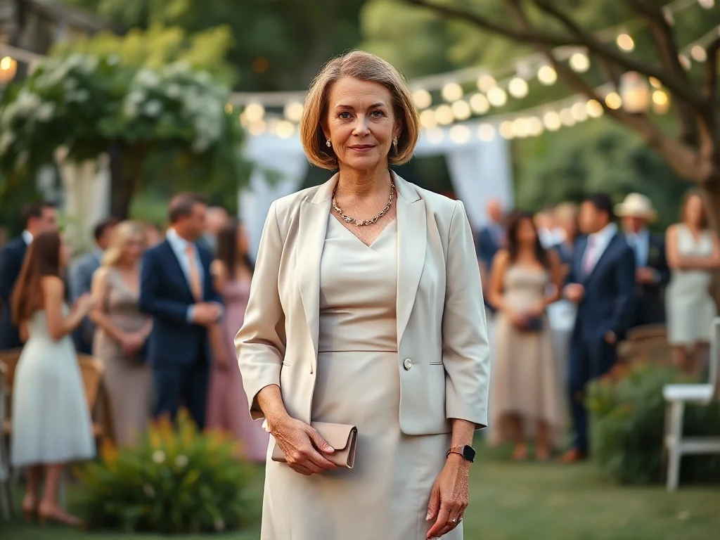 Elegancka dojrzała kobieta w klasycznej sukience i marynarce na tle weselnej scenerii, przykład stroju na ślub syna.