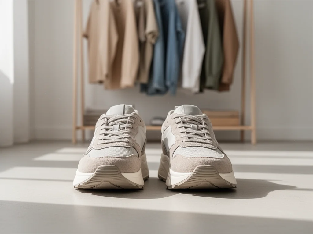 Stylowe sneakersy z widocznymi sznurówkami i podeszwą, na tle jasnej garderoby w neutralnych kolorach.