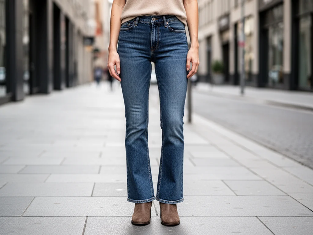 Kobieta w dżinsach bootcut na miejskim chodniku, prezentująca krój spodni lekko rozszerzanych na butach na obcasie.