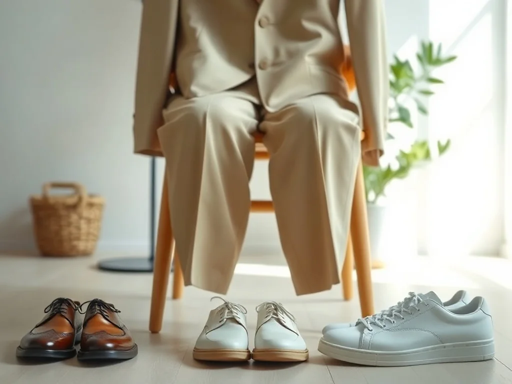 Jasny garnitur na krześle oraz trzy pary męskich butów: brązowe oksfordy, jasne brogsy i białe sneakersy jako propozycje stylizacji.