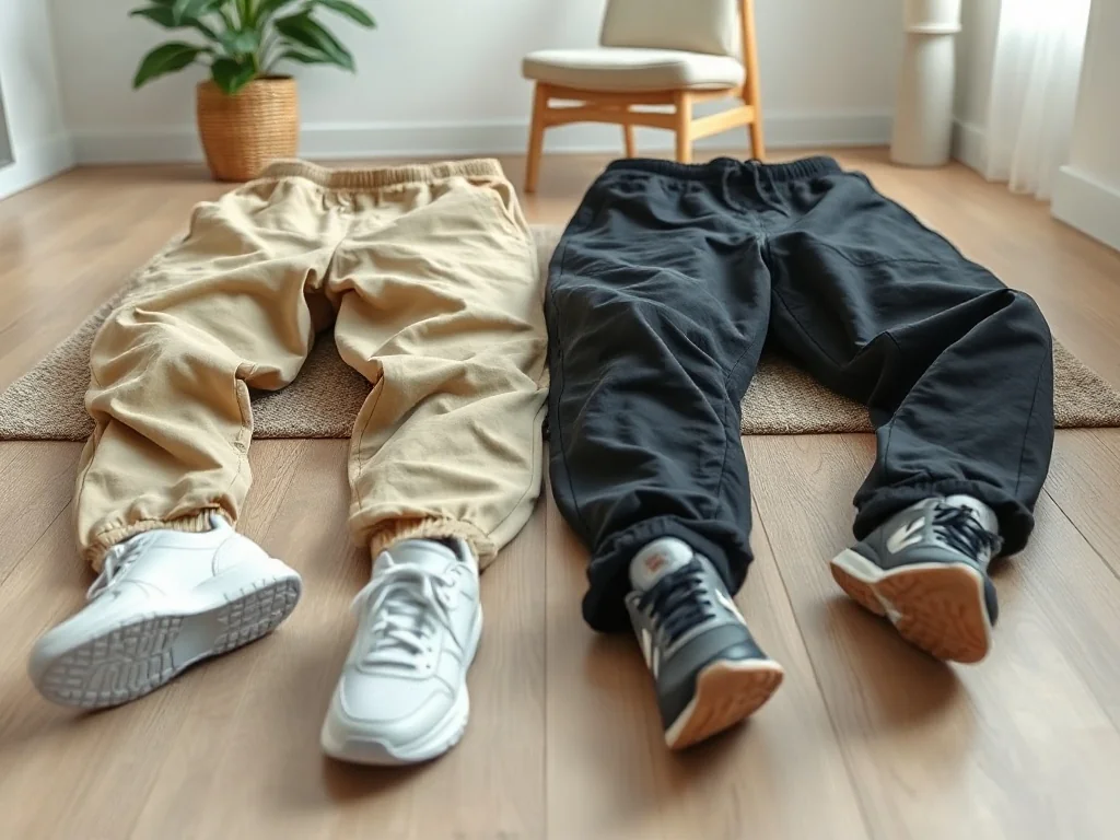 Joggerzy w dwóch stylach: beżowe z białymi sneakersami i czarne ze sportowymi butami, propozycje unisex do miejskich stylizacji.