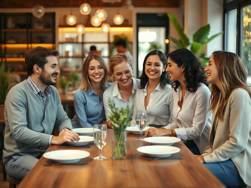 Grupa znajomych w smart casual przy restauracyjnym stoliku, swobodna atmosfera spotkania i rozmów przy lekkim posiłku.