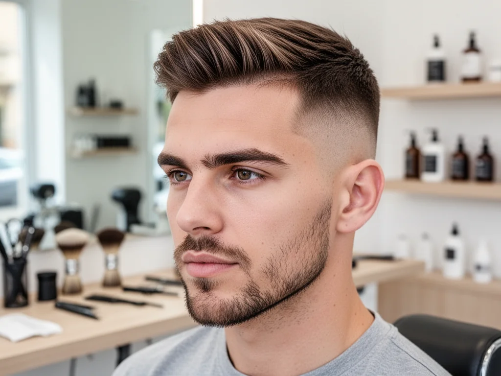 Młody mężczyzna z modną krótką fryzurą i zarostem w nowoczesnym, jasnym barbershopie, podkreślona stylizacja włosów.
