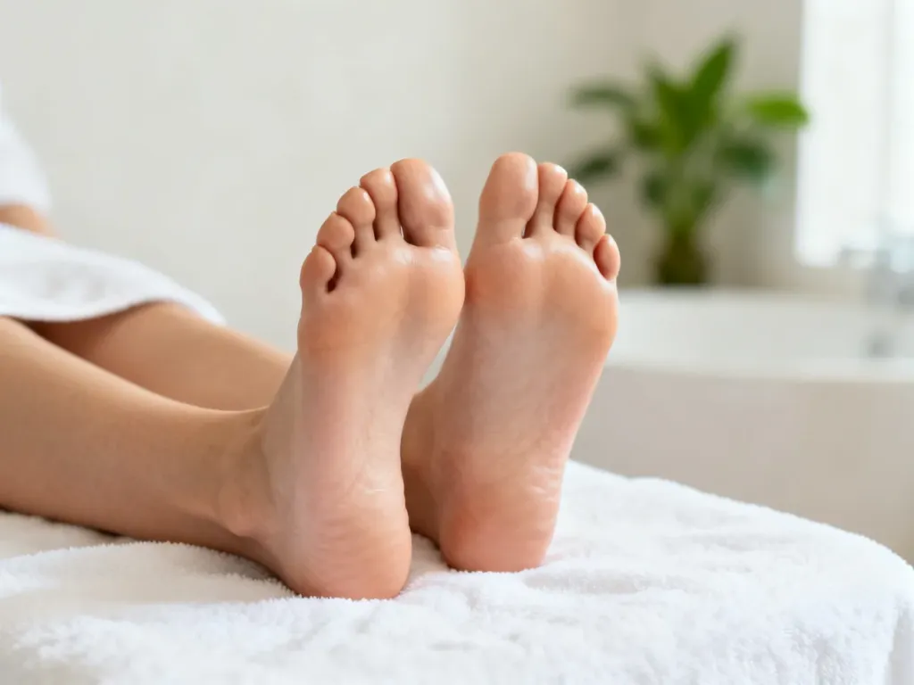 Zadbane stopy po profesjonalnym zabiegu pedicure w relaksującym wnętrzu salonu spa.
