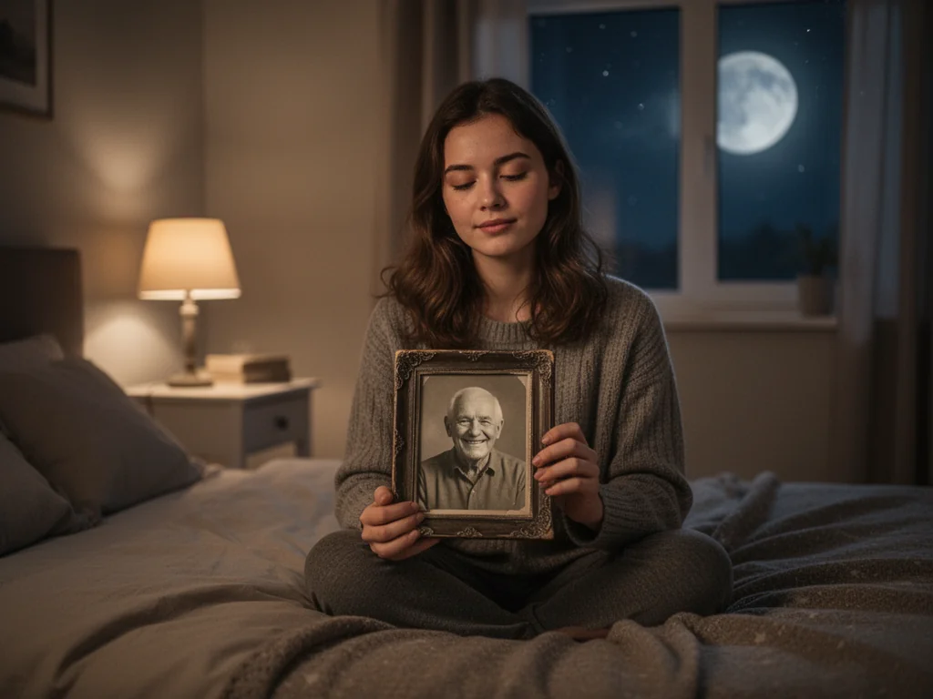 Młoda kobieta nocą siedzi na łóżku i zamyślona trzyma w dłoniach stare zdjęcie uśmiechniętego dziadka.
