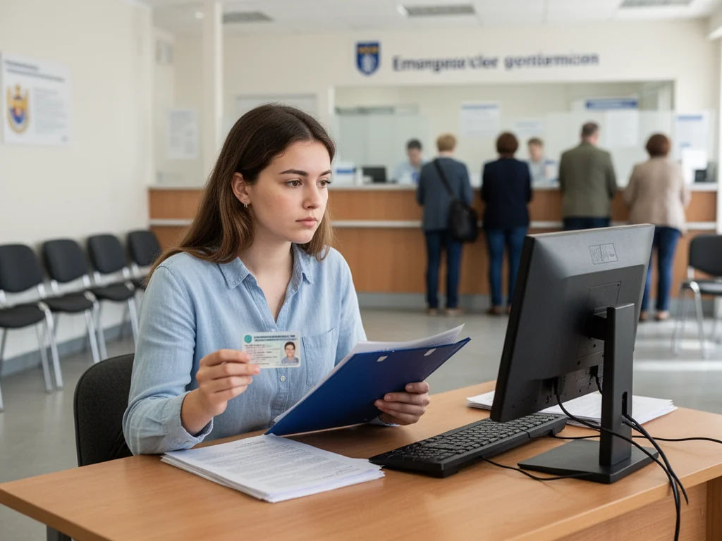 Młoda kobieta w urzędzie pracy sprawdza dokumenty przy komputerze, zastanawiając się nad rejestracją dla ubezpieczenia