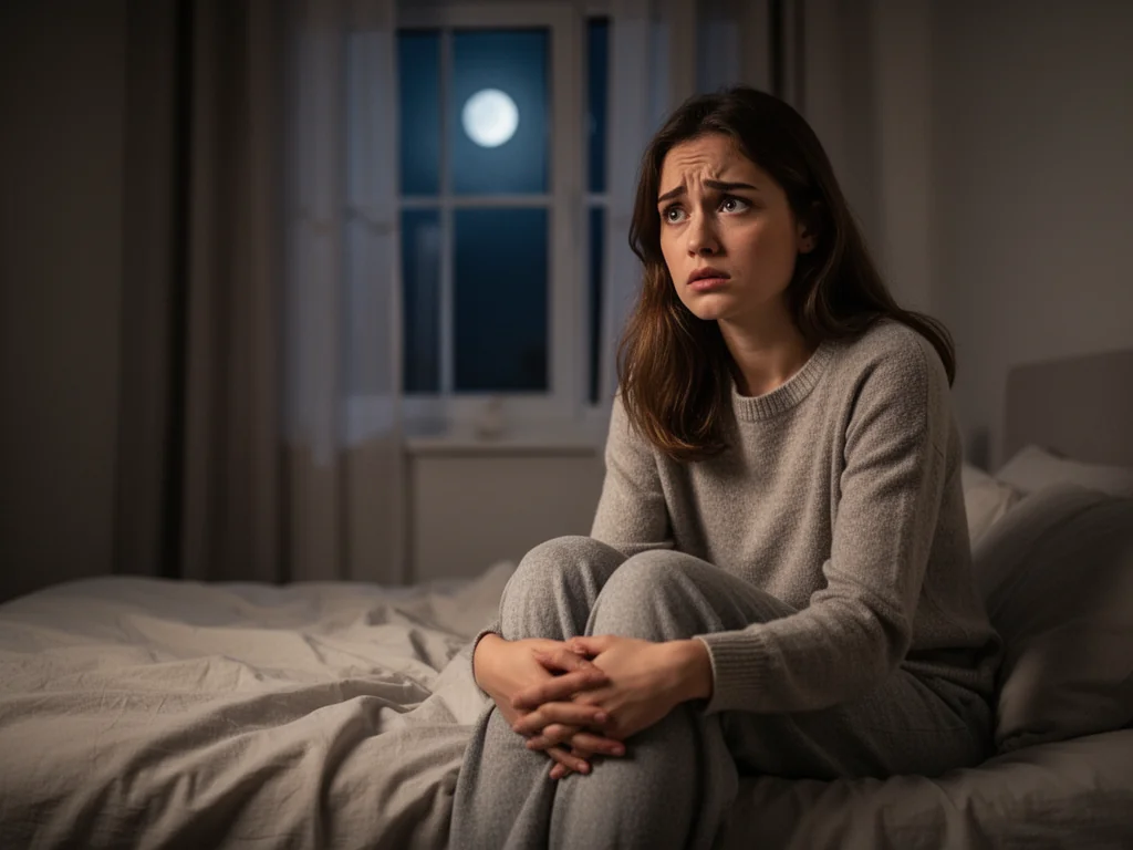 Zamyślona, zaniepokojona kobieta siedząca nocą na łóżku, właśnie obudzona z niepokojącego snu o porwaniu.