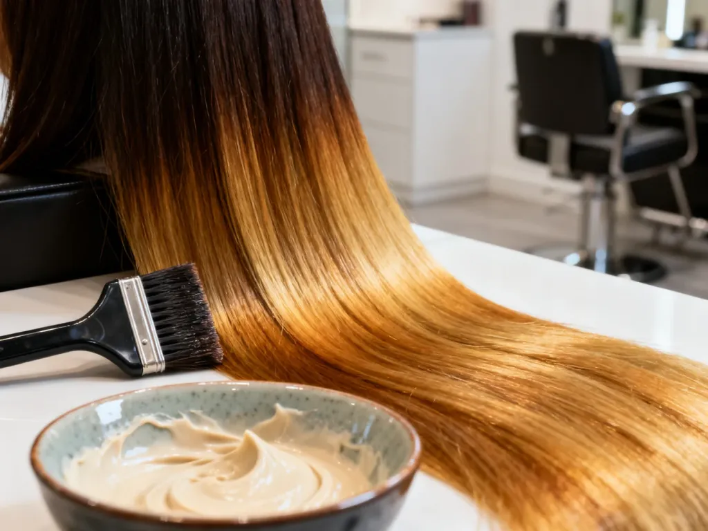 Pędzel i miseczka z farbą obok pasma włosów zmieniającego kolor z ciemnego brązu na ciepły blond w salonie fryzjerskim.